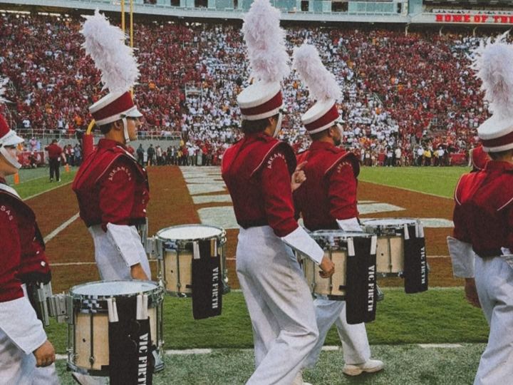 Marching band drumline on the field