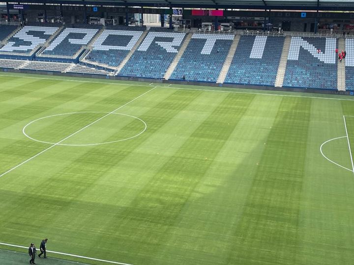 Empty soccer stadium with the pitch freshly cut