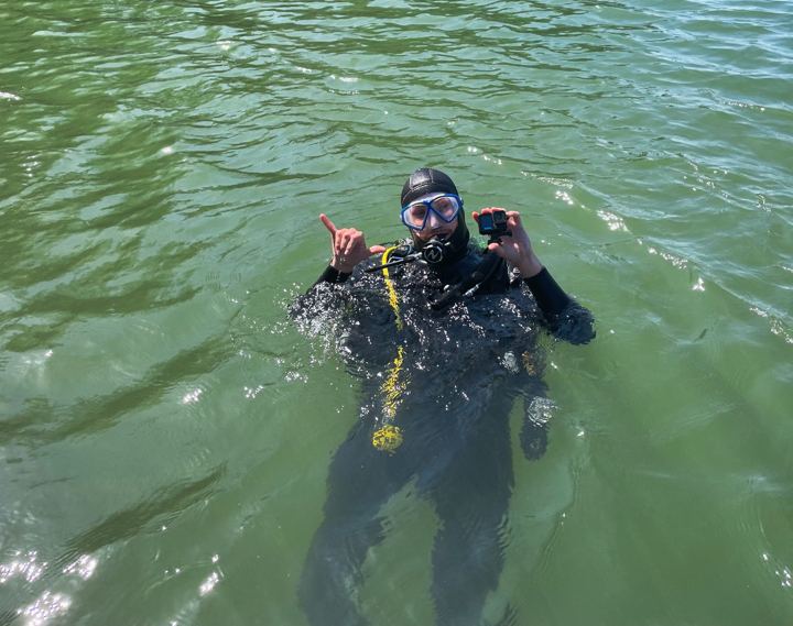 Surfacing from a dive with an action camera